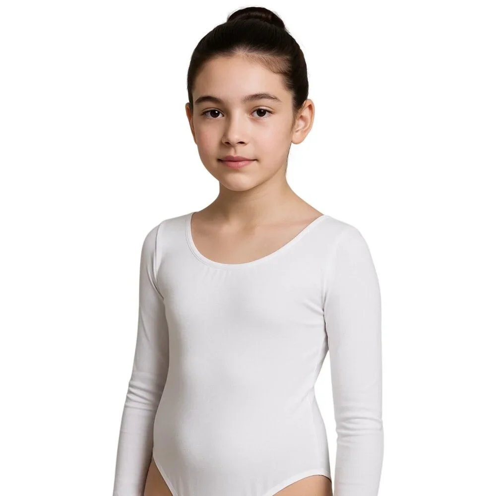 Danskin Childs L 12-14 Long Sleeve Leotard White Scoop Neck Bodysuit Class Dance